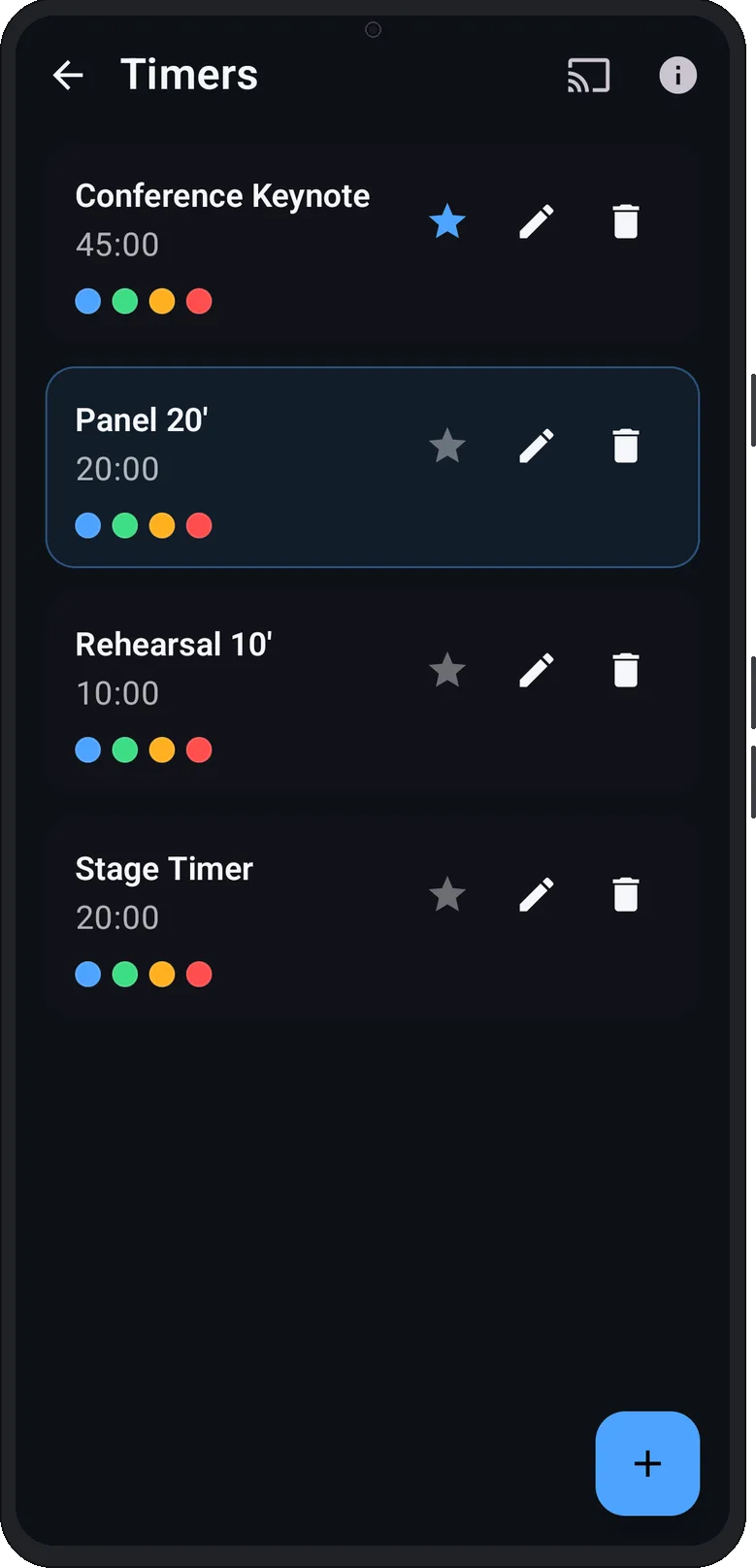 Elenco timer salvati in Stage Timer, con preset per keynote, panel e prove.